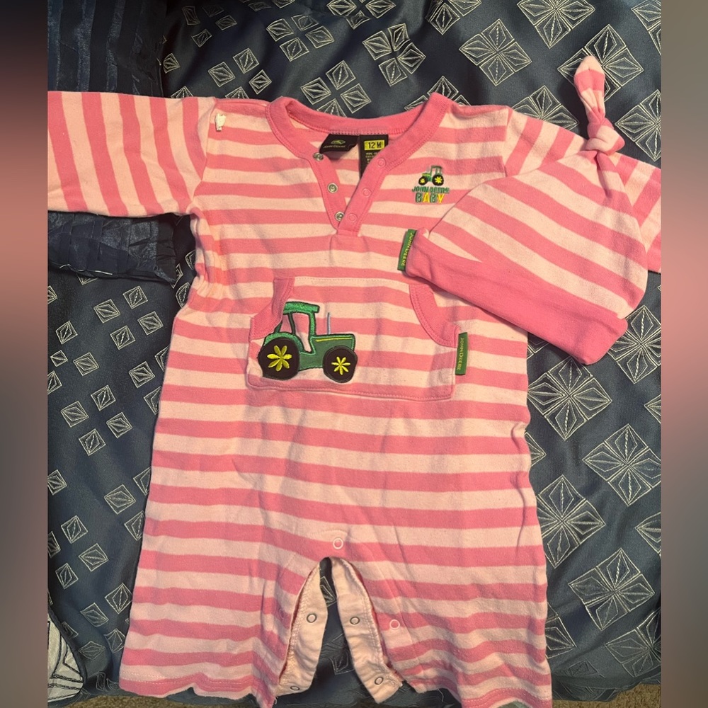 Cute pink and white stripe John Deere onesie and hat; never worn!